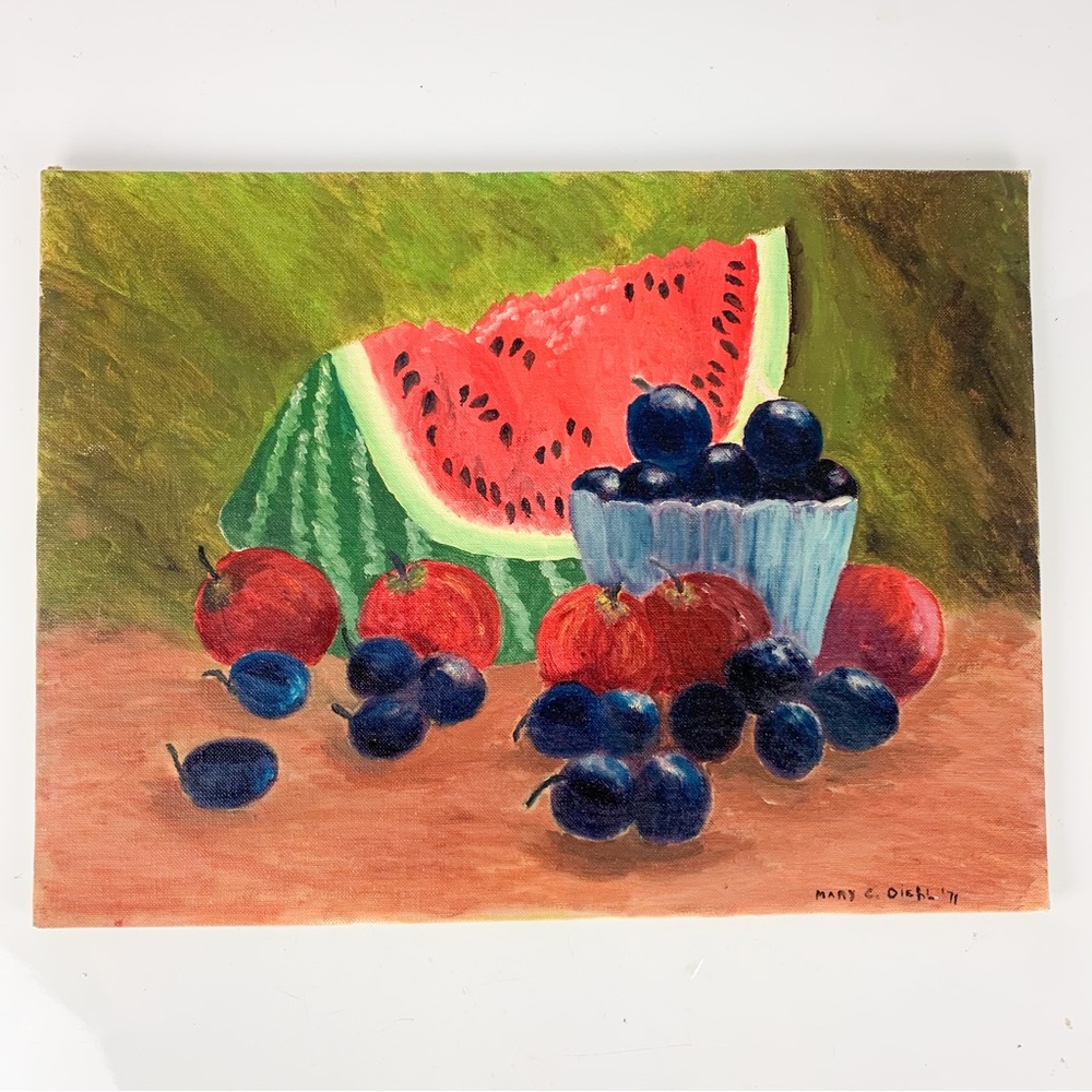 Vintage Still Life Painting On Board Fruit Watermelon Plums Artwork Signed 70s